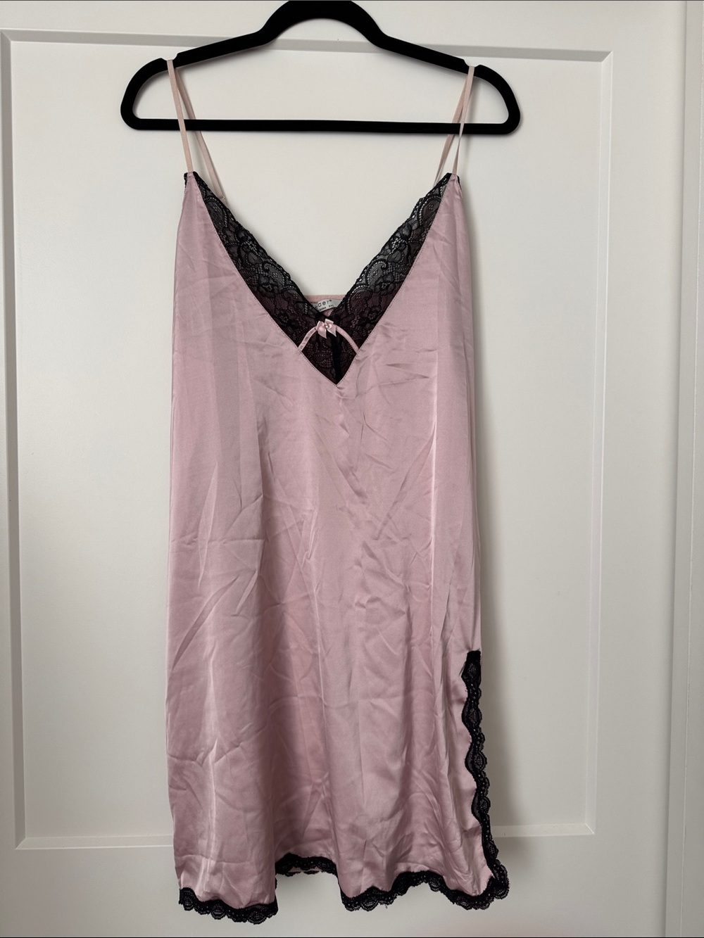 Women's Satin Slip Nightdress with Black Lace Trim - Blush Pink